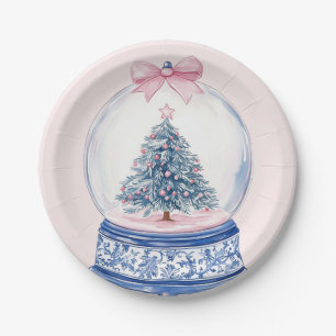Grandmillennial Pink & Blue Damask Snow Globe Paper Plate
