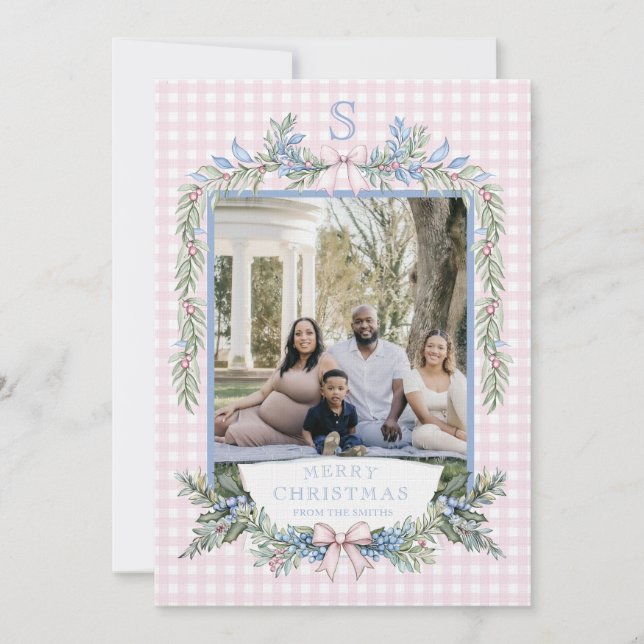 Grandmillennial Pink & Blue Holly Christmas Invitation (Front)