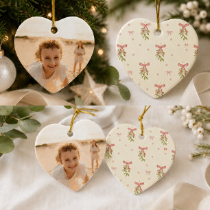Grandmillennial Pink Bow Mistletoe Photo Heart Ceramic Ornament