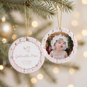 Grandmillennial Pink Christmas Baptism Photo Ceramic Ornament