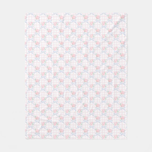 Grandmillennial Preppy Pink Bows Flowers Fleece Blanket (Front)