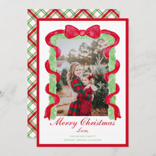Grandmillennial Preppy Red Bow Garland Photo Holiday Card