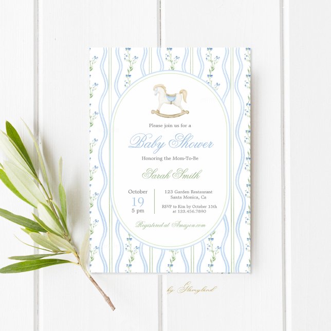 Grandmillennial Rocking Horse Baby Shower Boy Invitation (Creator Uploaded)