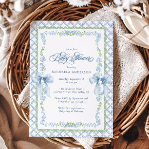 Grandmillennial Watercolor Floral Bow Baby Shower Invitation