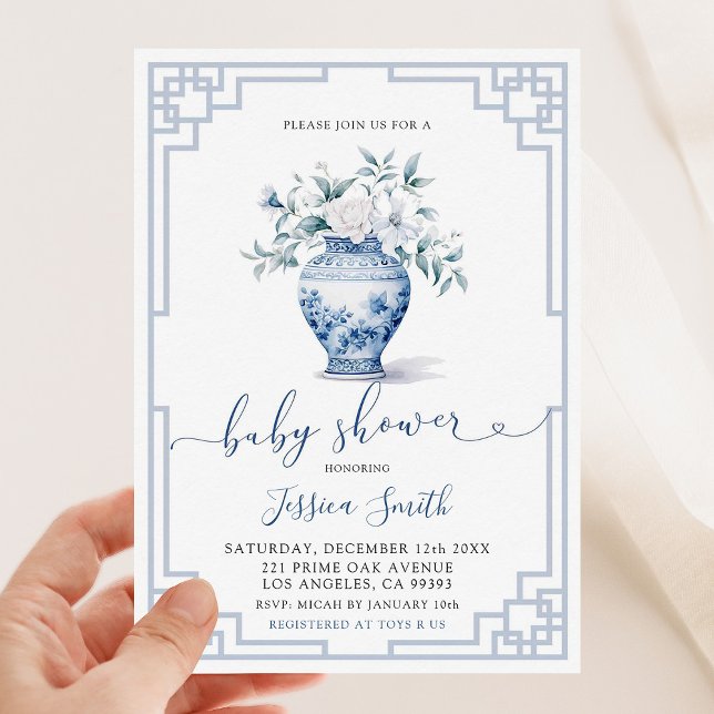 Grandmillennial White Floral Blue Ginger Baby Invitation (Creator Uploaded)