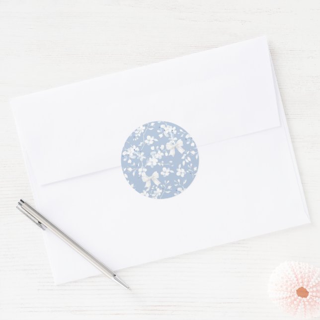 Grandmillennial White Floral Chinoiserie Bows Classic Round Sticker (Envelope)