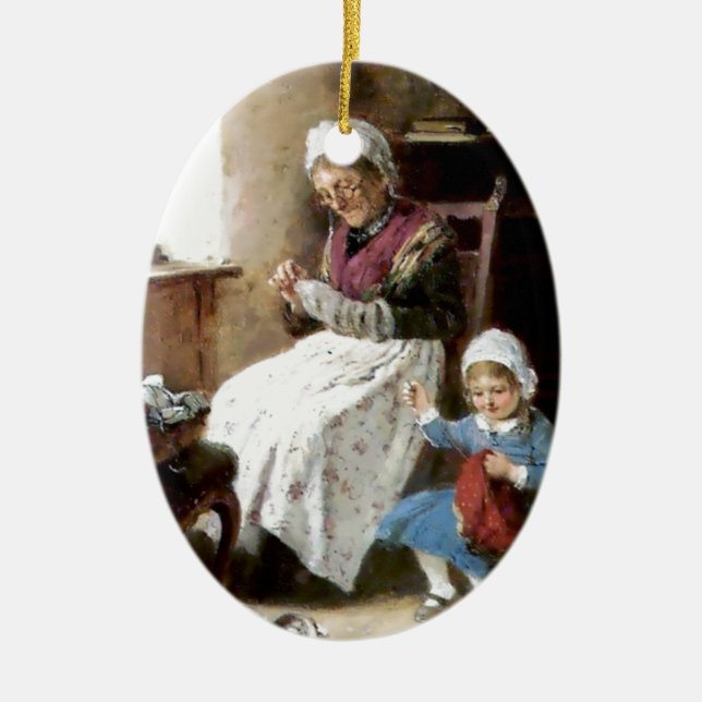Grandmother and granddaughter sewing ceramic ornament (Front)