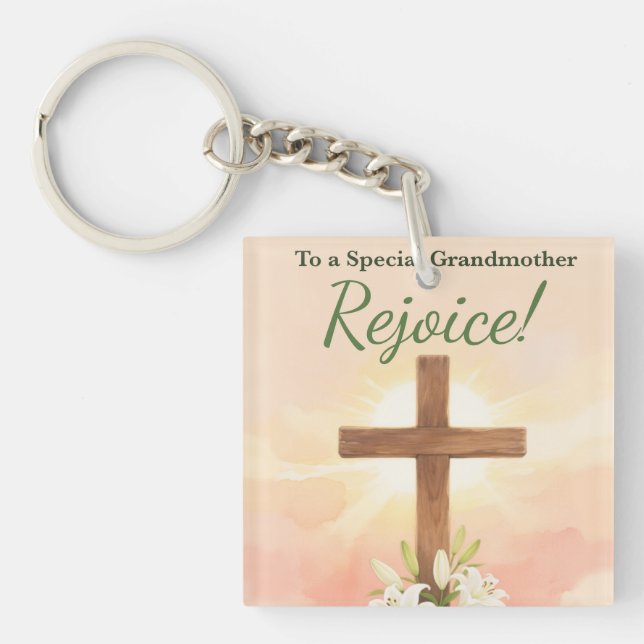 Grandmother Easter Rejoice Cross and Lilies Keychain (Front)