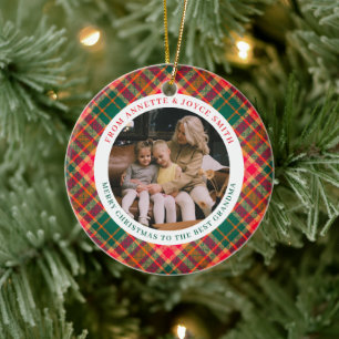 Grandmother Elegant Tartan Plaid photo Christmas Ceramic Ornament