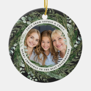 Grandmother foliage wreath photo Christmas black Ceramic Ornament