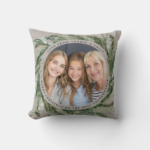 Grandmother foliage wreath photo Christmas black Throw Pillow