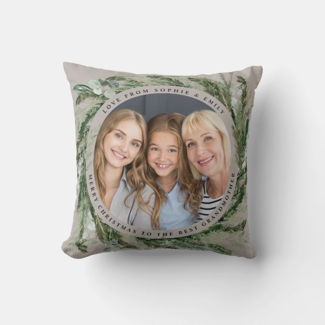 Grandmother foliage wreath photo Christmas black Throw Pillow (Front)