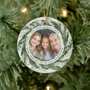 Grandmother foliage wreath photo Christmas elegant Ceramic Ornament