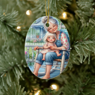 Grandmother Granddaughter Porch Embrace Ceramic Ornament