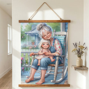 Grandmother Granddaughter Porch Embrace Hanging Tapestry