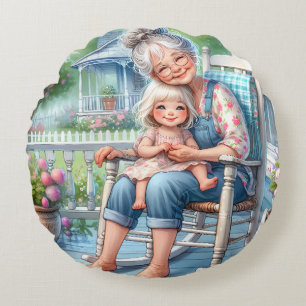 Grandmother Granddaughter Porch Embrace Round Pillow