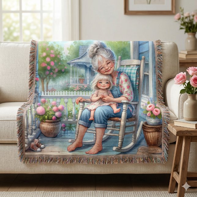 Grandmother Granddaughter Porch Embrace Throw Blanket (Grandmother Granddaughter Porch Embrace Throw Blanket)