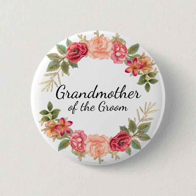 Grandmother Groom Pink Red Floral Wreath Button (Front)