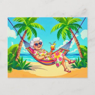 Grandmother in Hammock with Cocktail Illustration Holiday Postcard