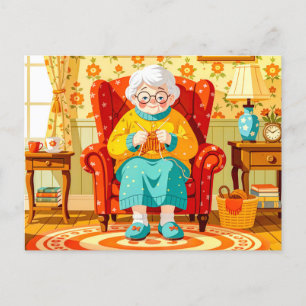 Grandmother knitting in Armchair – Illustration Holiday Postcard