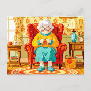 Grandmother knitting in Armchair – Illustration Holiday Postcard