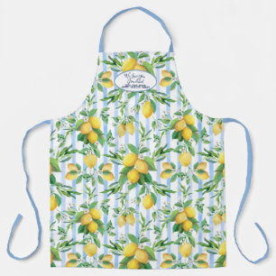 Grandmother Lemon Floral Blue and White Stripe Apron