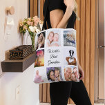 Grandmother photo collage white tote bag<br><div class="desc">A gift for your grandmother celebrating her life with a collage of 8 photos.  Black text: World's Best Grandma. Use photo of her,  children,  grandchildren,  husband,  pets,  friends,  her dream travel destination. White background. Perfect as a Mother's Day gift or for birthdays and Christmas.</div>