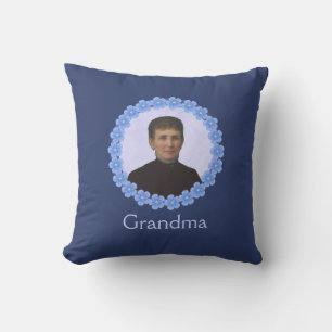 Grandmother Photo in Blue Flower Frame Custom Throw Pillow