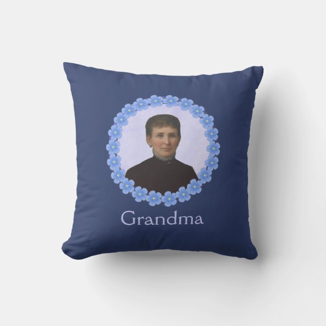 Grandmother Photo in Blue Flower Frame Custom Throw Pillow (Front)