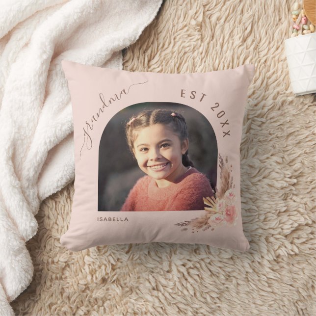 Grandmother photo pampas grass rose gold pink throw pillow (Blanket)