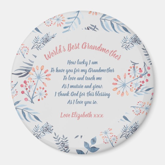 Grandmother Poem Personalized Blue Grey Rose Magnet (Front)