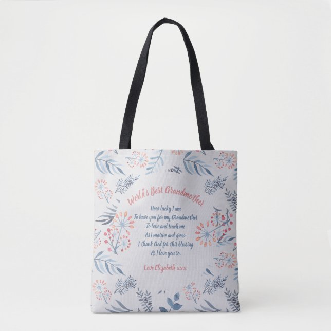 Grandmother Poem Personalized Blue Grey Rose Tote Bag (Front)