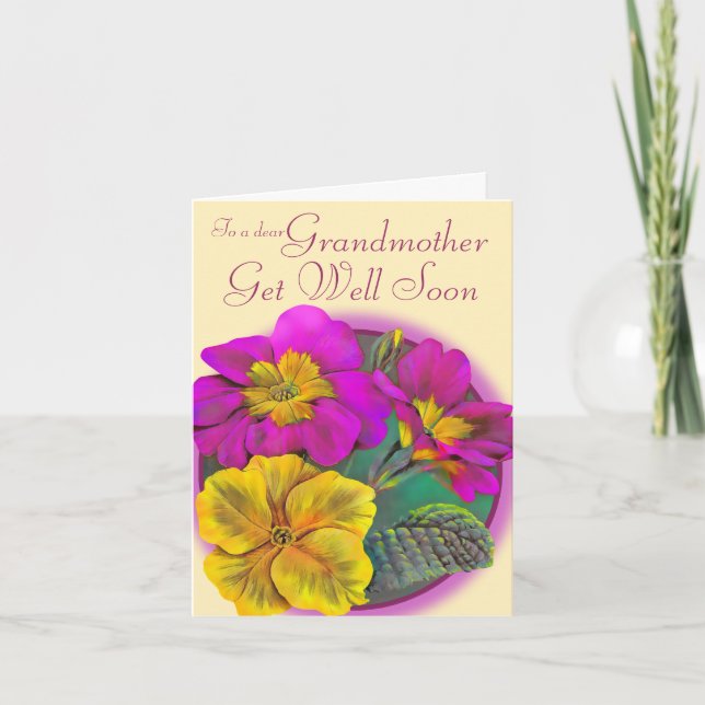 Grandmother Primula art get well soon card (Front)