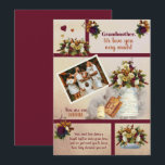 Grandmother We Love You Photo Fall Floral | Text   Card<br><div class="desc">What better way to tell your Grandmother how much she means to you than with this dark red to maroon and rusty terracotta with gold tone and winter white accents photo floral bouquets on a rustic watercolor blush to dark gradient look background keepsake design. She will have something to treasure...</div>