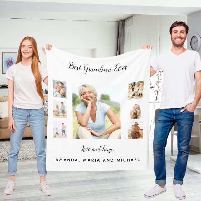 Grandmother white black photo collage grandkids fleece blanket (Creator Uploaded)