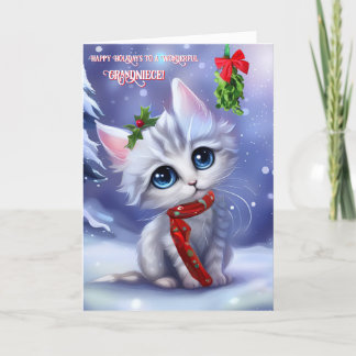 Grandniece Cute Cat and Snow Happy Holidays Card