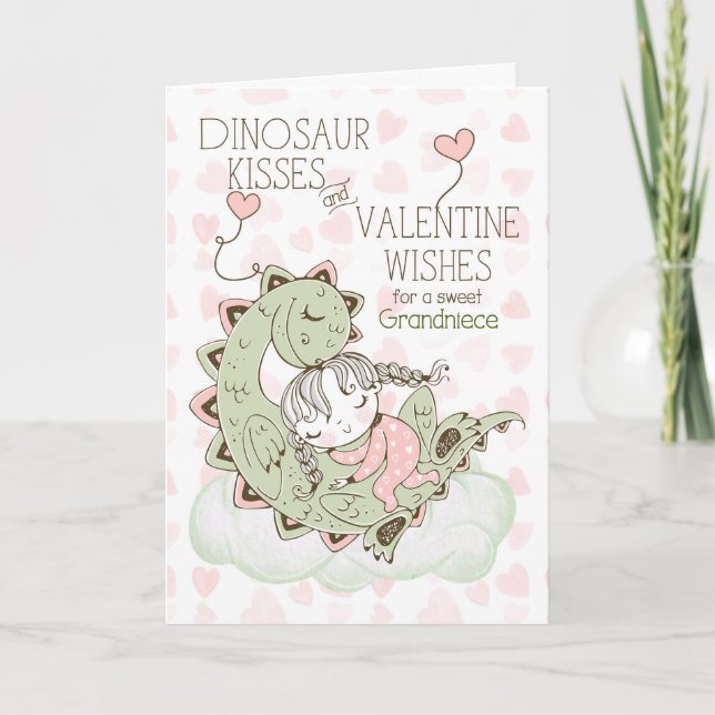 Grandniece Dinosaur Kisses Valentine Holiday Card (Front)
