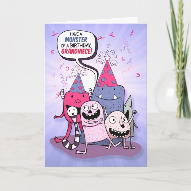 Grandniece Pink and Purple Monster Birthday Card (Front)