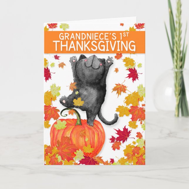 Grandniece's 1st Thanksgiving Dancing Black Cat Holiday Card (Front)