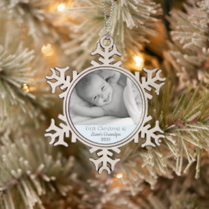 Grandpa 1st Christmas Personalized Photo Grandson Snowflake Pewter Christmas Ornament