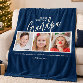 Grandpa 3 Photo Collage Grandad Christmas Gift Fleece Blanket