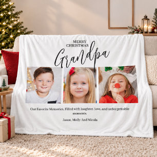 Grandpa 3 Photo Collage Grandad Merry Christmas Fleece Blanket