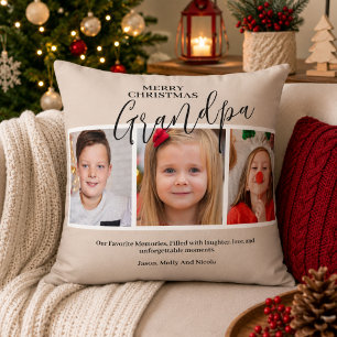 Grandpa 3 Photo Collage Grandad Merry Christmas Throw Pillow