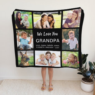 Grandpa 8 Photo Collage Black Fleece Blanket