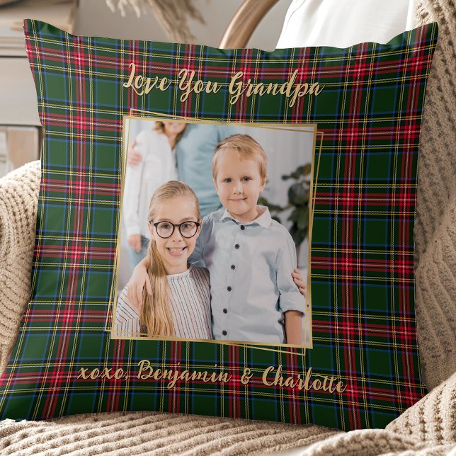 Grandpa Christmas Plaid Personalized Gold Photo  Throw Pillow (Creator Uploaded)