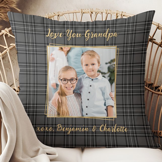 Grandpa Custom Grey Plaid Personalized Gold Photo  Throw Pillow (Creator Uploaded)