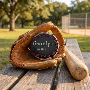 Grandpa Est. Minimal White Bold Text 3 Photo Baseball