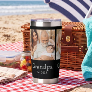 Grandpa Est. Minimal White Bold Text 3 Photo Insulated Tumbler