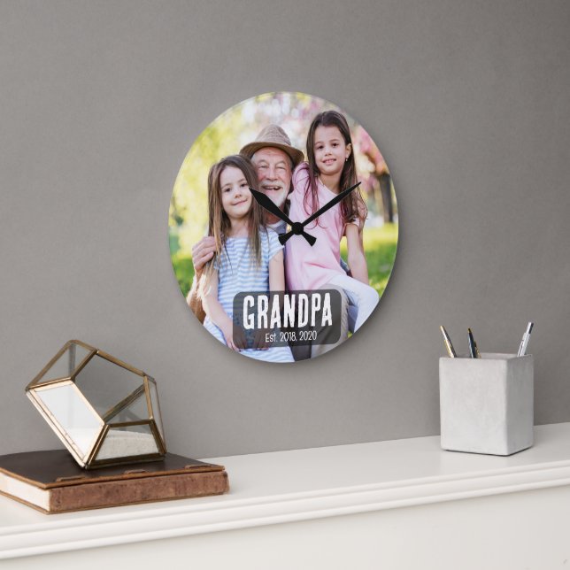 Grandpa Est. White script photo Large Clock (Office)