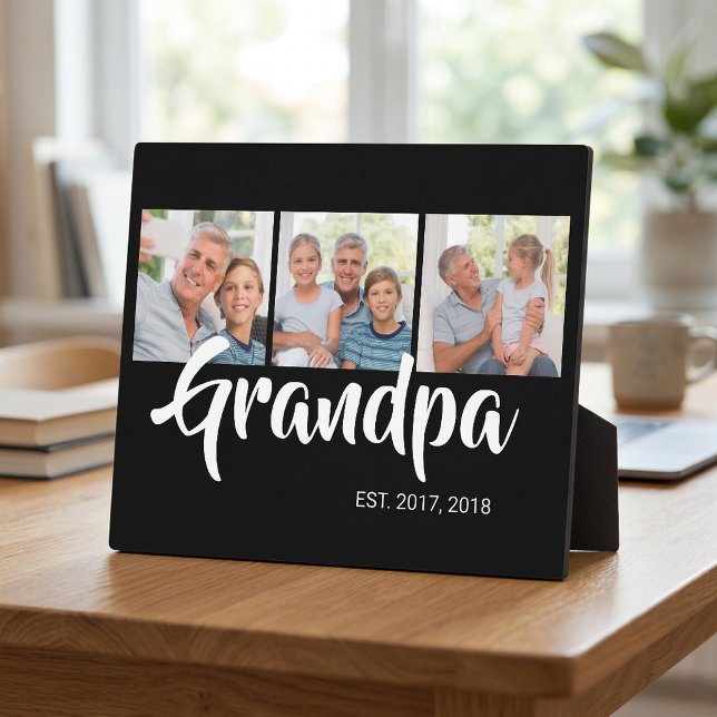 Grandpa Established Elegant Script Black 3 Photo Plaque (Grandpa Established Elegant Script Black 3 Photo Plaque)